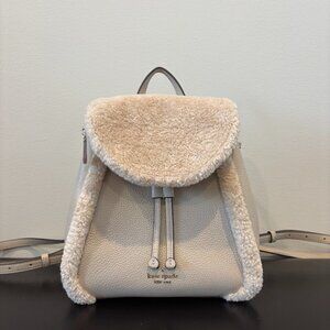 Kate Spade Leila Leather Medium Flap Backpack with Faux Shearling in Light Sand